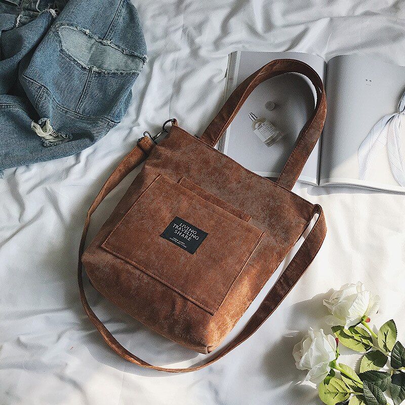 New High Capacity Women Corduroy Tote Ladies Casual Solid Color Shoulder Bag Foldable Reusable Women Shopping Beach Bag
