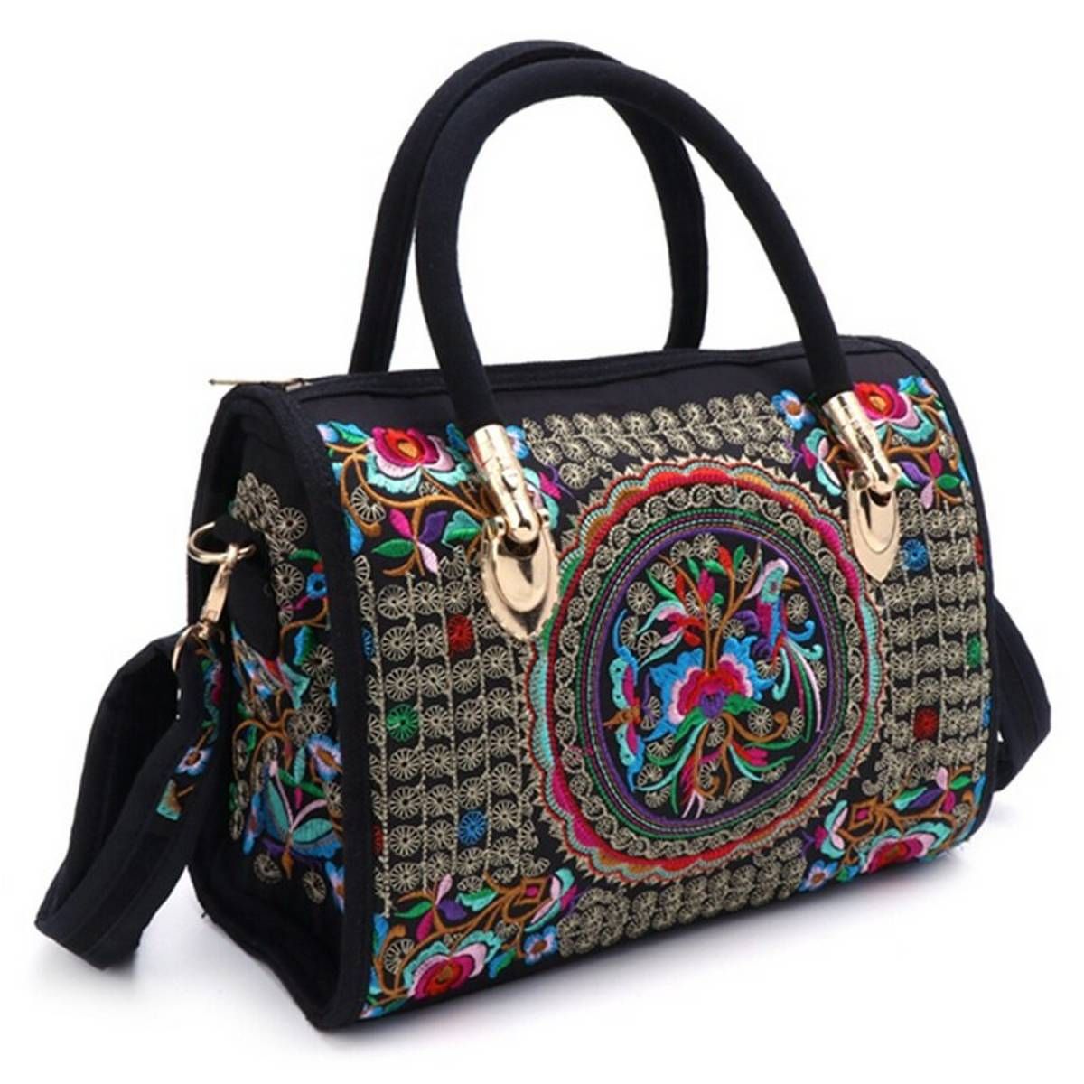 WoMan Floral Embroidered Handbag Ethnic Boho Canvas Shopping Tote Zipper Bag