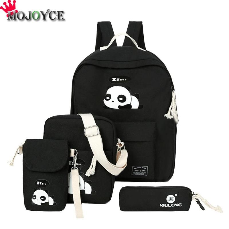 4pcs/Set Cute Women Cartoon Panda Printed Backpacks Canvas Shoulder Clutch Schoolbags Composite Sac a Dos Mochila Feminina 2021