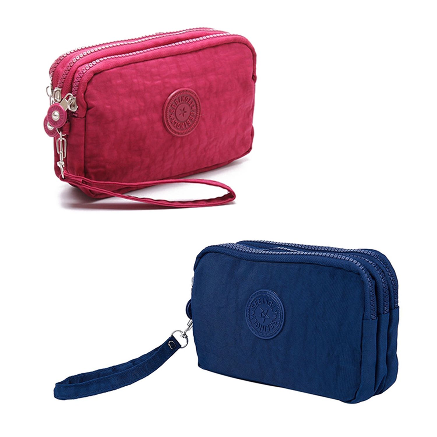 2 pcs Small Wallet Washer Wrinkle Fabric Phone Purse Three Zippers Portable Make Up Bag-Rose Red & Dark Blue - Photo Color