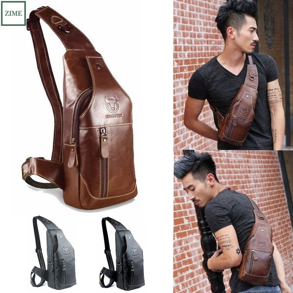 ZIME Men Leather Business Casual Chest Bag Brown Black Grey Shoulder Crossbody Bag