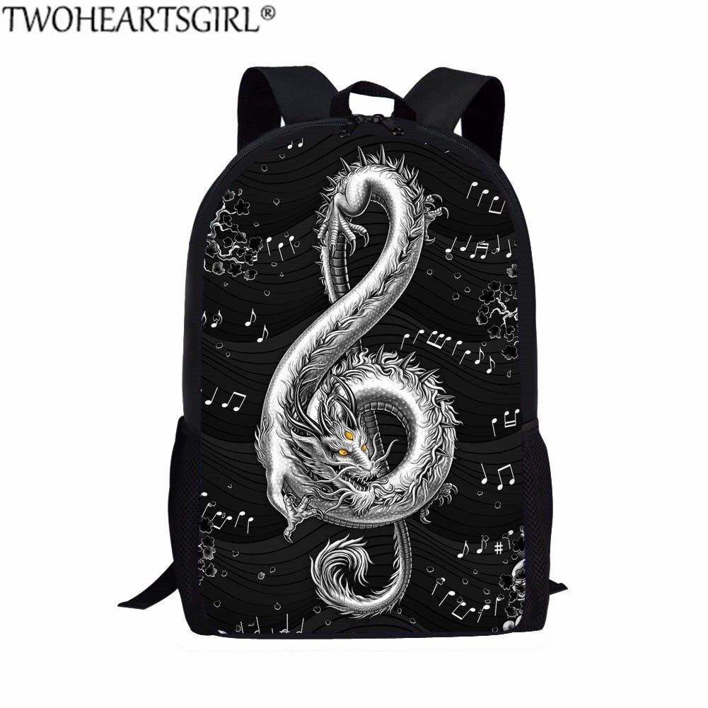 Twoheartsgirl Backpack for Children Music Dragon Prints mochila infantil Custom Name School Bag Sets Teen Boys Girls Knapsack
