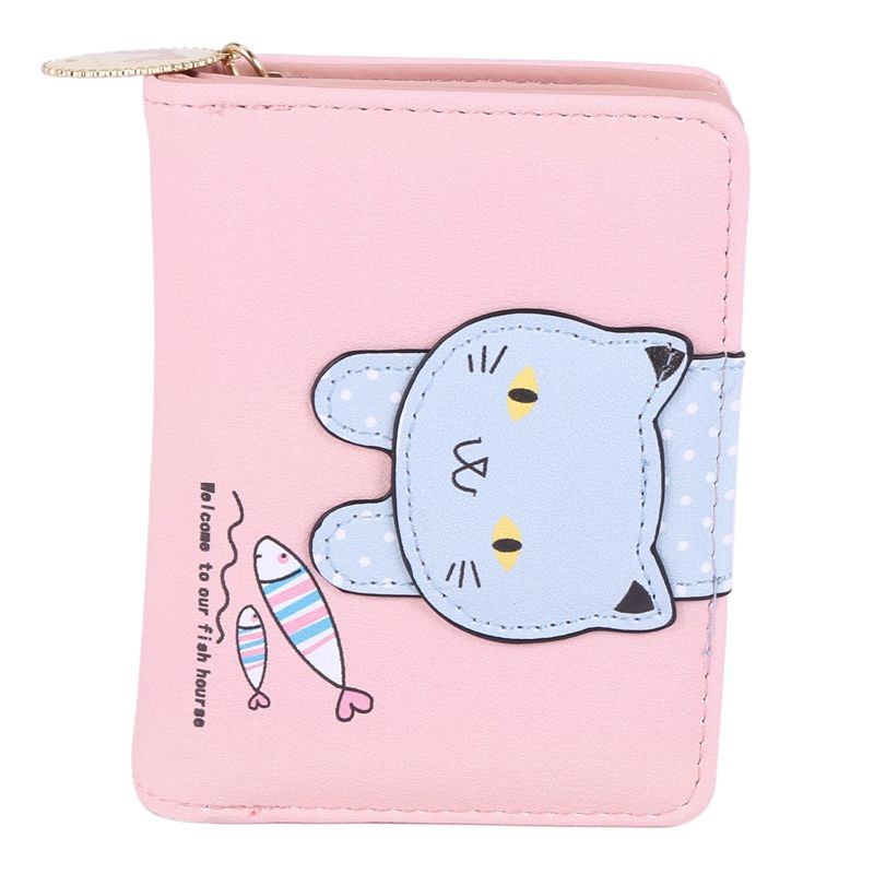 Fashion Women Cute Cat Wallet Small Zipper Girl Designed Pu Leather Coin Purse Female Card Holder Wallet(Pink)