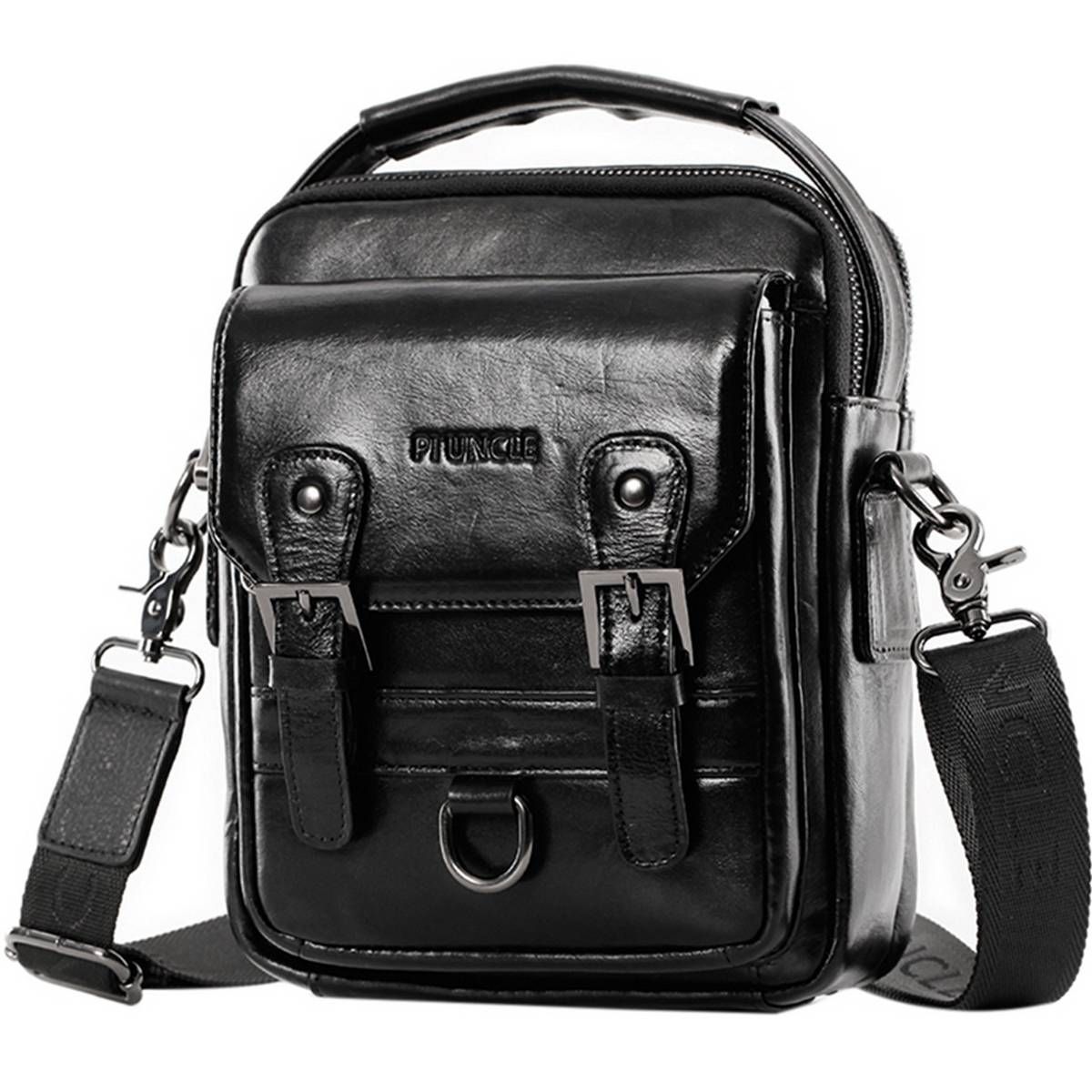 PI UNCLE Brand Men's Leather One-Shoulder Messenger Bag First Layer Leather Multifunctional Leisure Backpack Black