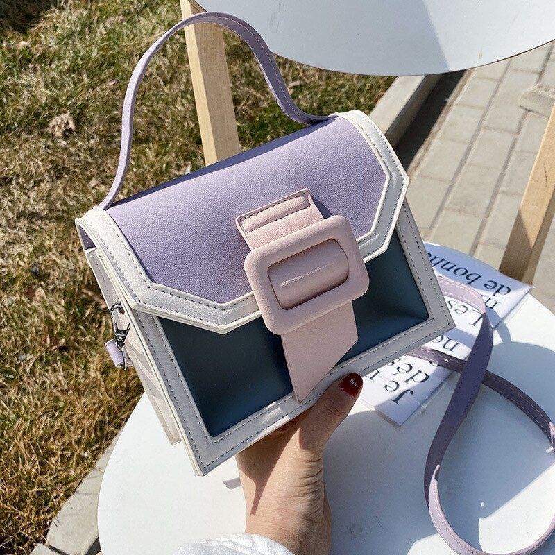 2021 Contrast Color Leather Crossbody Bags For Women Fashion Simple Small Shoulder Messenger Bags Female Totes Travel Handbags