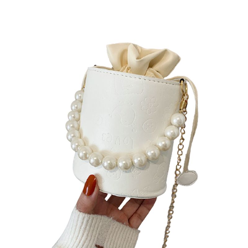 Women Drawstring Closure Shoulder Bag, White Vintage Style Embossed Pattern Handbag with Pearl Strap