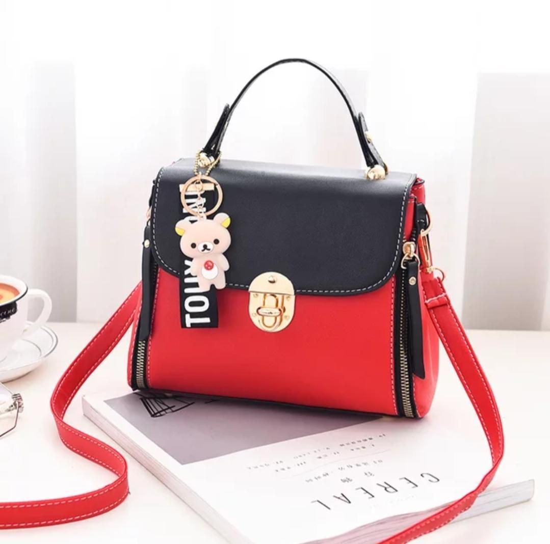 Pu Leather Handbag For Women With Key Ring - Red and Black