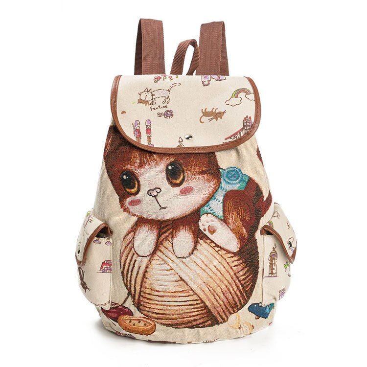Scione Cute Cat Backpack Women Girls Canvas Backpack Drawstring Printing Backpacks For Teenage Girls Large Capacity School Bag