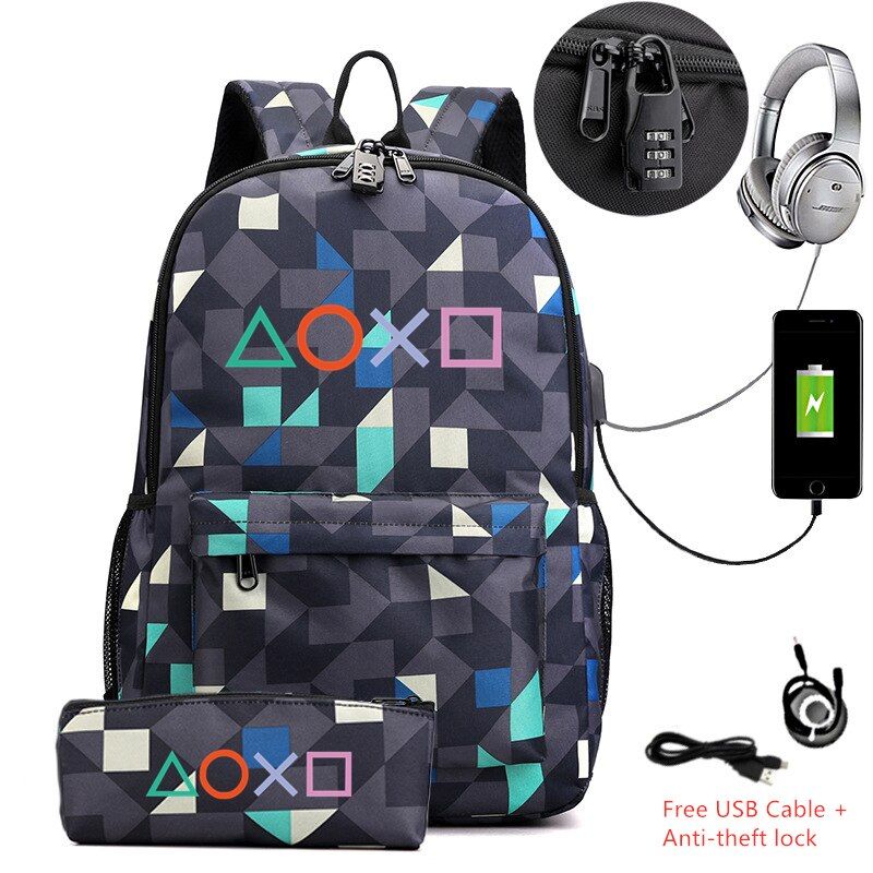2 pcs/lot Canvas Backpack with Pencil Case School Bag For Teenagers usb charging  sport bags rucksacks