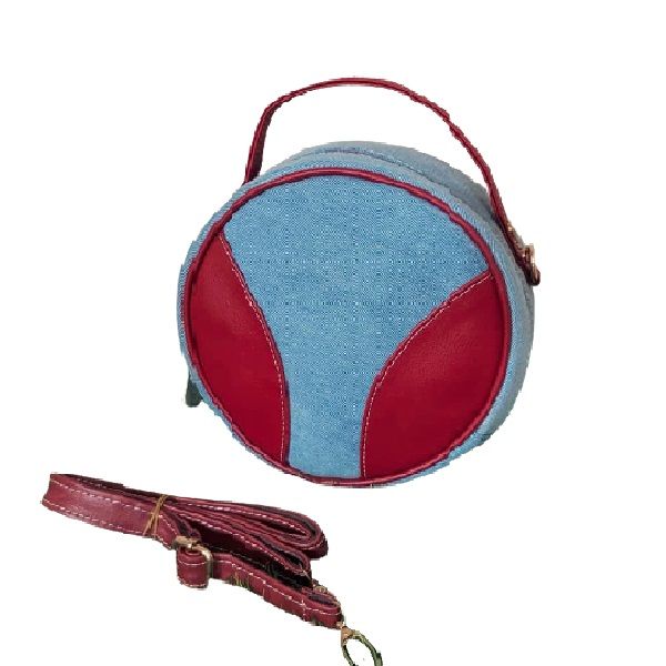 Vintage Denim Round Hand Bag with Adjustable Leather Strap