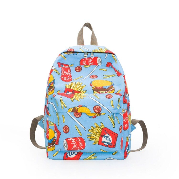 Moon Wood Fun Hamburger Fries Printing Backpack Women Canvas Backpack Students Travel Bag Large Capacity School Bags For Girls