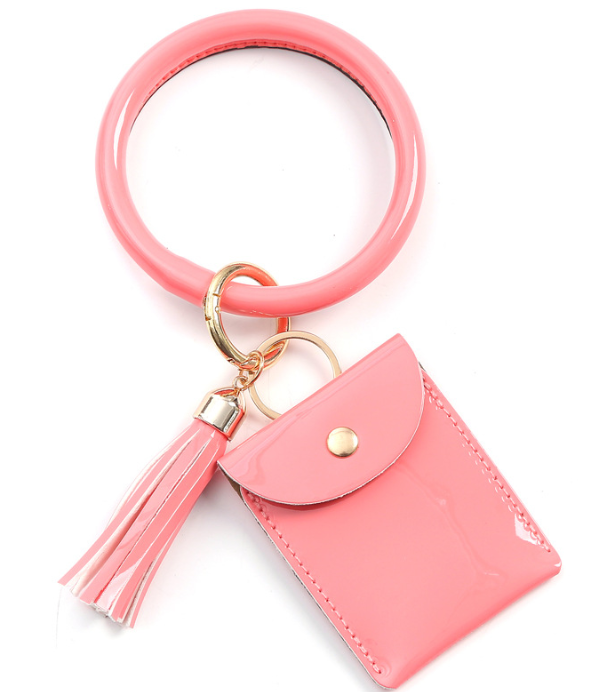 Bracelet Keychain Card Holder, Lightweight Wristlet Clutch Bag with Circle Keyring & Tassel for Women Girls