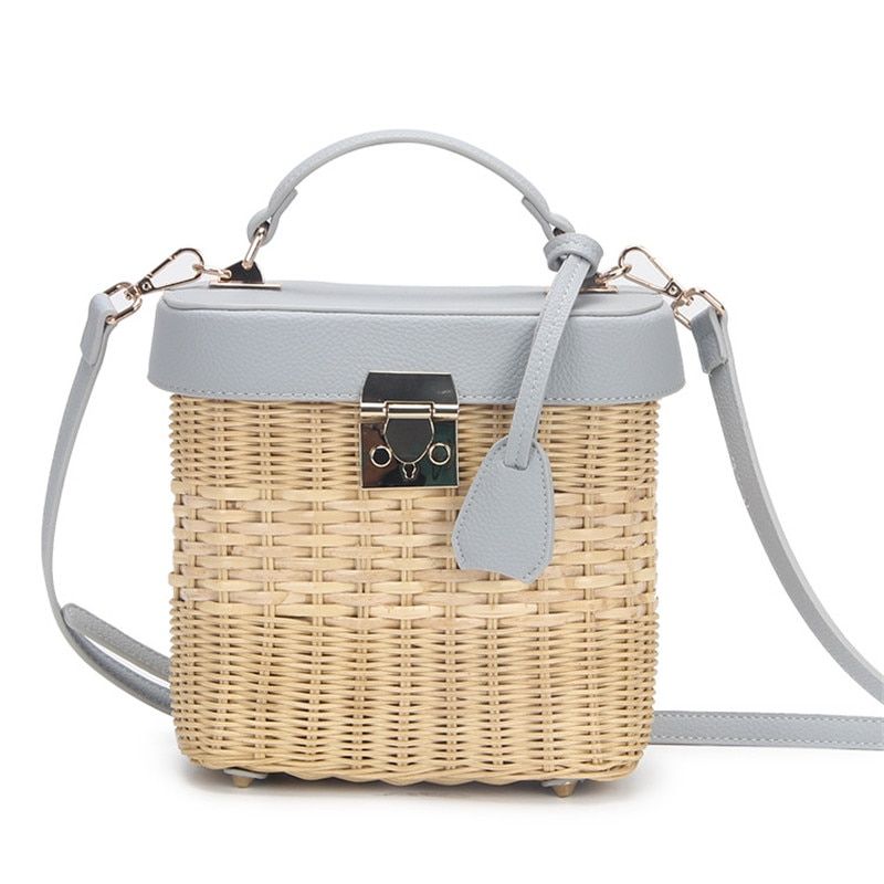 Ladies Leather Strap Single-shoulder Crossbody Bag Handmade Fashion Natural Woven Round Rattan Handbags