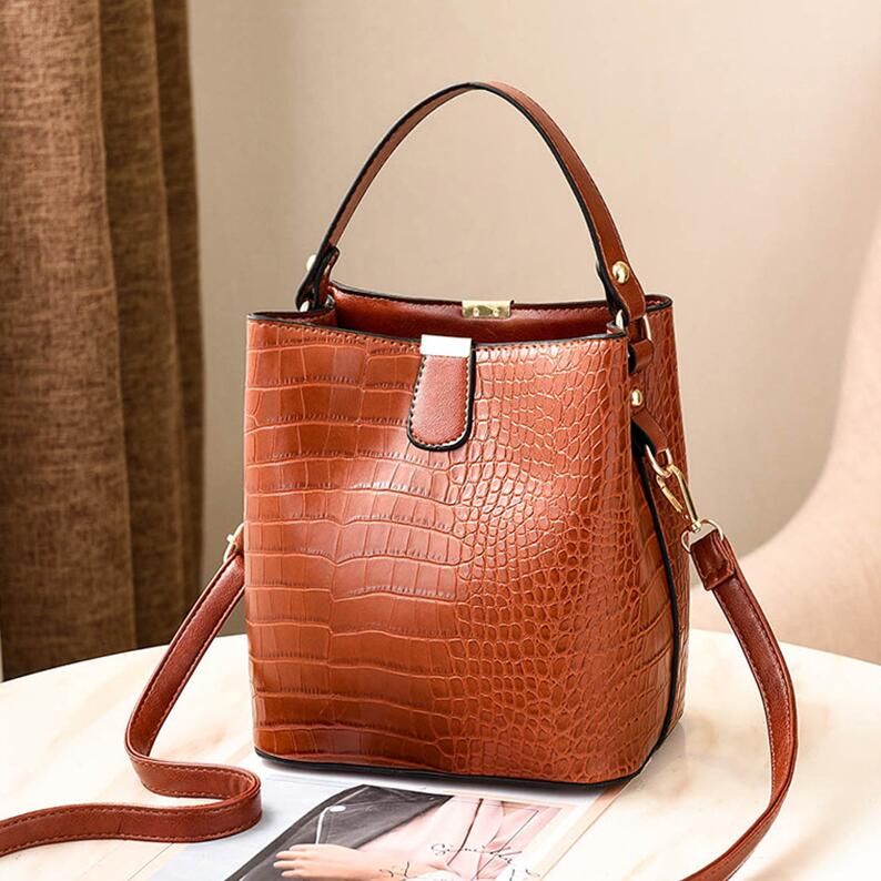 Alligator Bucket Bags Women Crocodile Pattern Handbag Fashion Retro Totes Ladies PU Leather Shoulder Messenger Bags Green