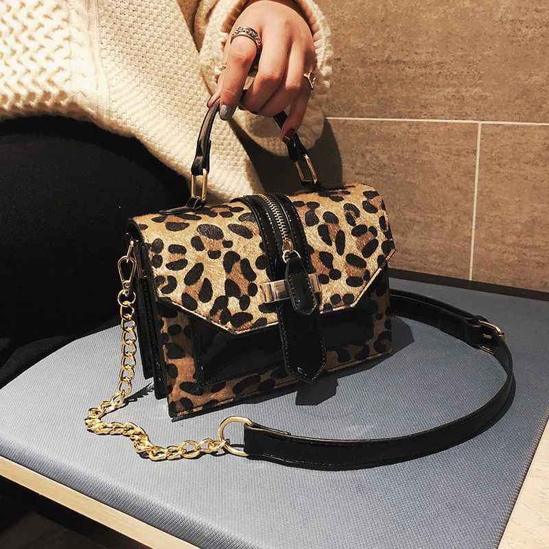 HOCODO Leopard Crossbody Bags For Women 2021 Patent Leather Small Shoulder Messenger Bag Fashion Chain Ladies Handbags And Purse