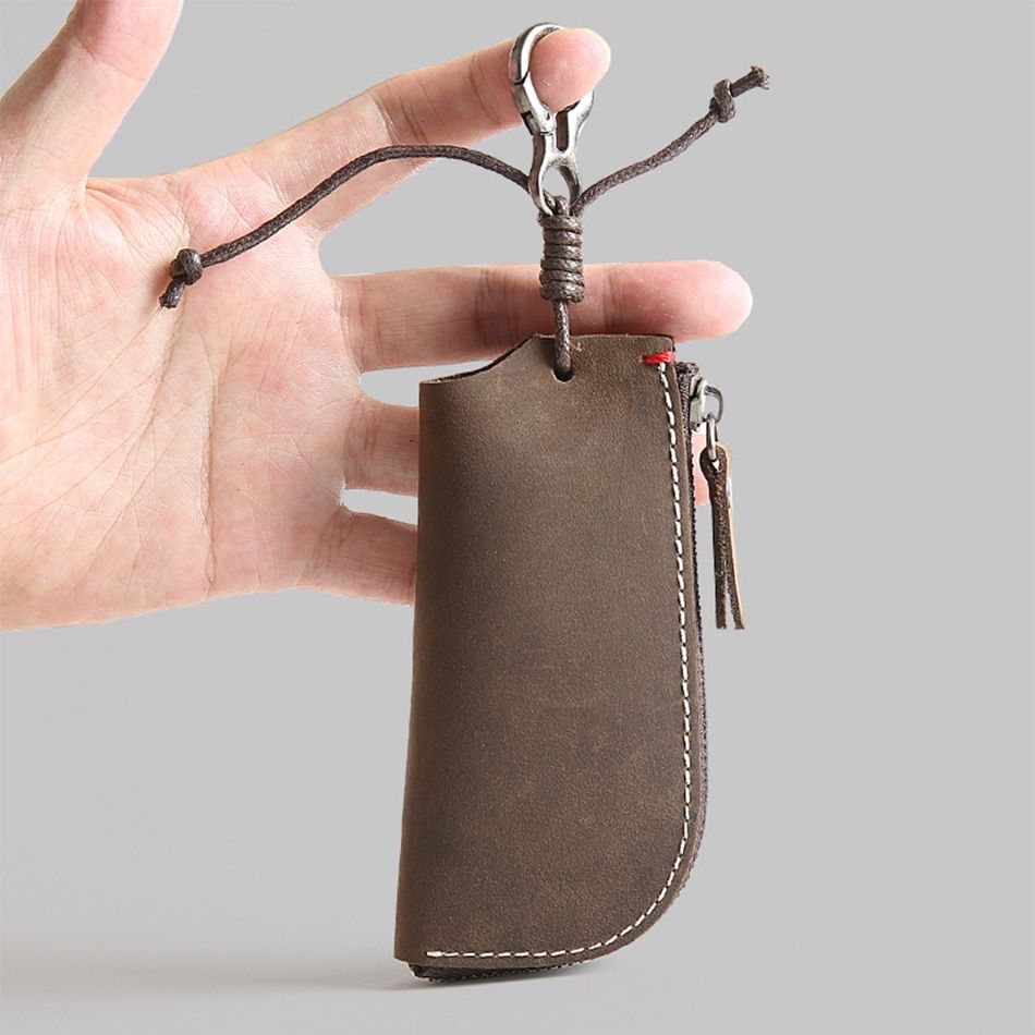 Leather Key Wallet Men Women Short Cowhide Smart Kay Case ID Card Holder Zipper Car Key Chain Wallet Clip Housekeepers