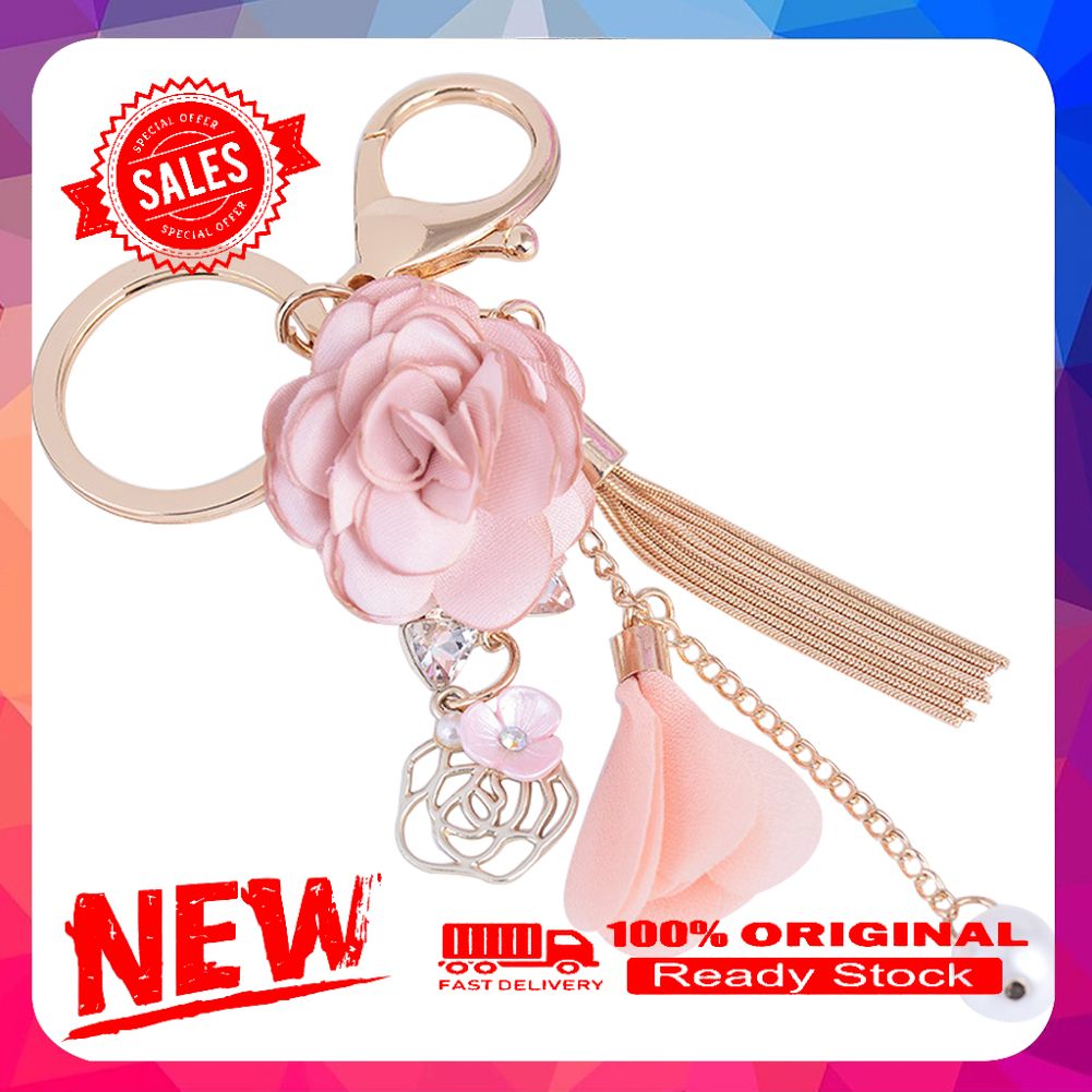 Fabric Flower Long Tassel Keychain Key Chain Keyring Women Handbag Hanging Decor