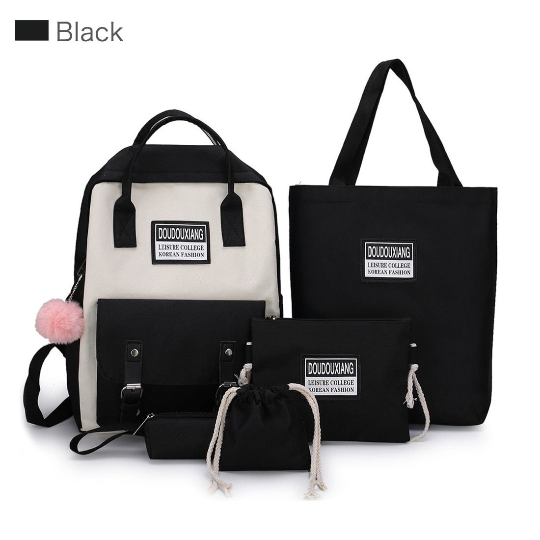 5 Piece Set High School Bags For Teenage Girl Boys Large Capacity Canvas Travel Backpack Women Bookbags Student Tassel Schoolbag