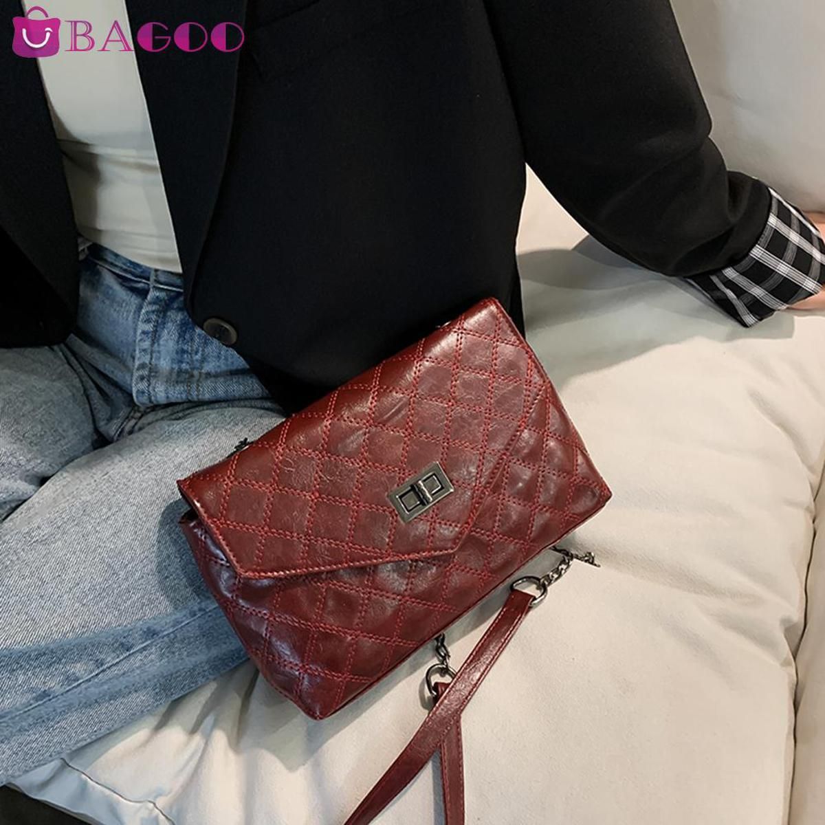 Vintage Women Shoulder Crossbody Handbags PU Leather Solid Color Lattice Pattern Messenger Shopping Bags Ladies Purse