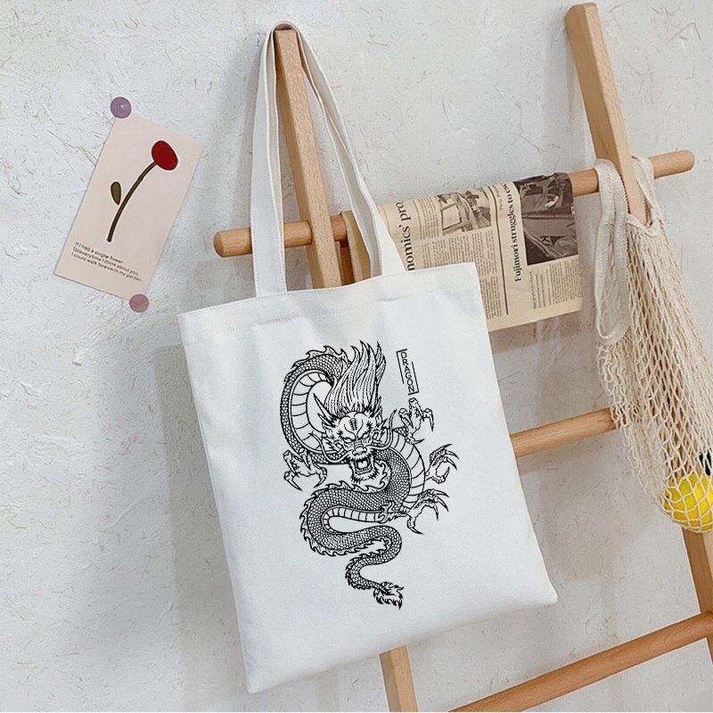 Dragon Printing Canvas Bag Shopper Bag Harajuku Large Capacity Punk Gothic Style Women Bags Classic Vintage Shoulder Bag Handbag