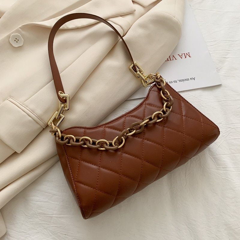 Fashion Women Underarm Baguette bags PU Leather Shoulder Bags Ladies Chain Designer Luxury Handbag Female Travel Purse Tote(26x7x14cm,)