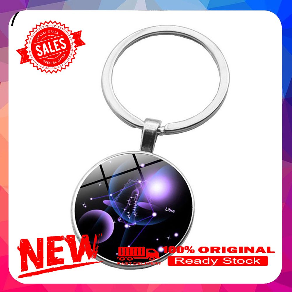 12 Constellation Zodiac Sign Round Glass Car Key Ring Holder Keychain Pendant