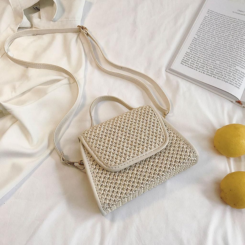 Women Beach Straw Bucket Bag Burlap Square Bag Messenger Bag