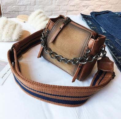 Shaped Scrub Leather Design Crossbody Bag 2019 new high quality Women bag  Chain Stripe Wide Strap Shoulder Bag Flap Bucket Bag