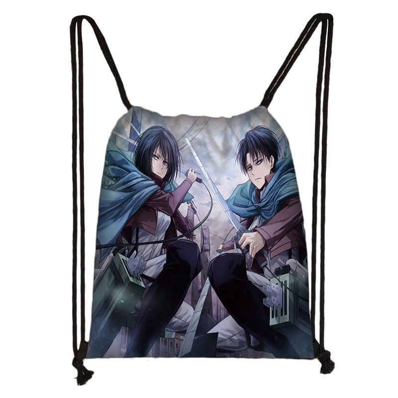 Anime Attack on  Scouting Corps Wings Drawstring Bag Black Canvas Backpack Fashion Portable Storage Bag for Men/Women