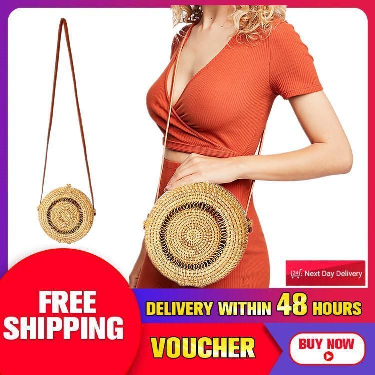 Straw Rattan Woven Round Beach Handbag Vintage Knitted Crossbody Shoulder Bag(Beige)