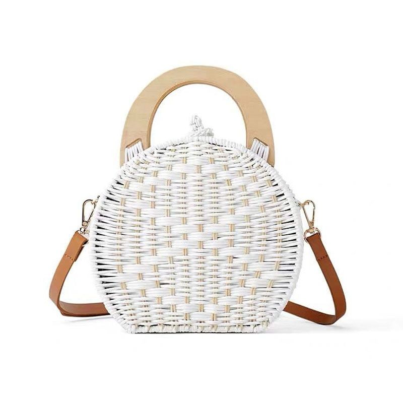 New Ladies Shoulder Bag Fashion Wooden Handle Rattan Knit Bag Handbag White New Weaving Straw Bag Shoulder Messenger Bag
