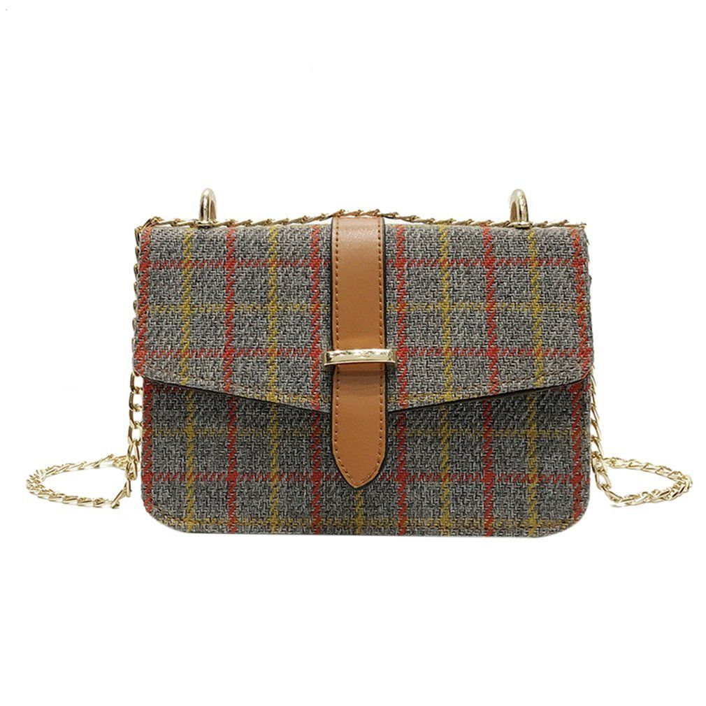 Vintage Plaid Pattern Woollen Cloth Chain Shoulder Bag Girls Small Flap Bag