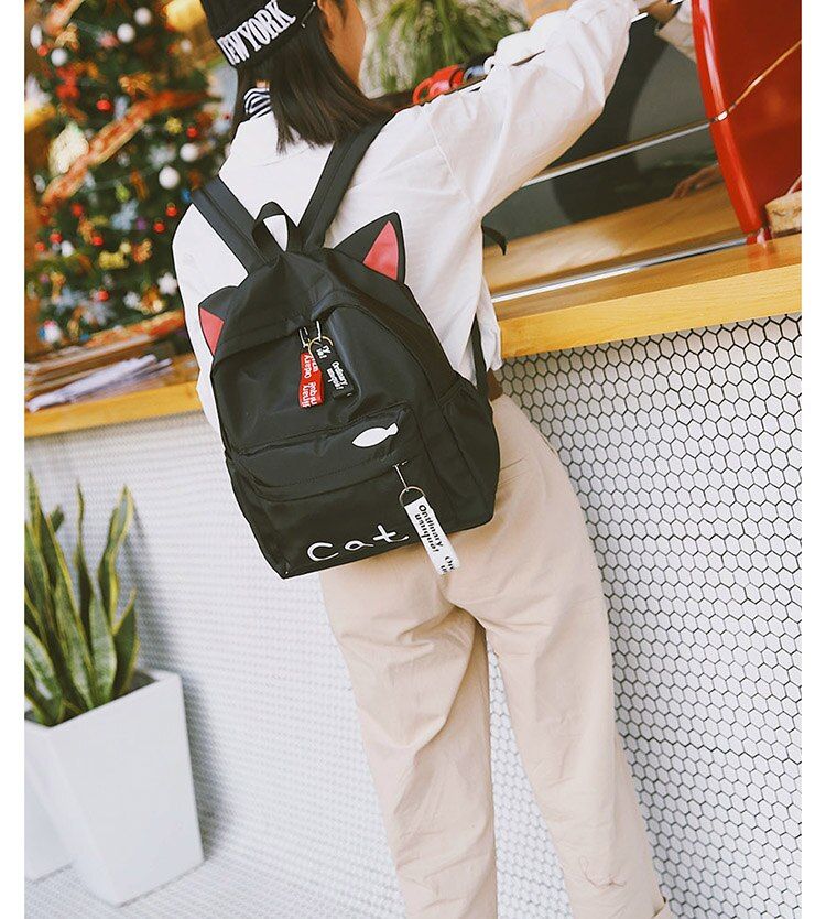 Harajuku Lovely Cat Printing Backpack Women Nylon Backpack Street Bags For Teenagers Casual Cute Korea Kawaii Bunny Ear Rucksack