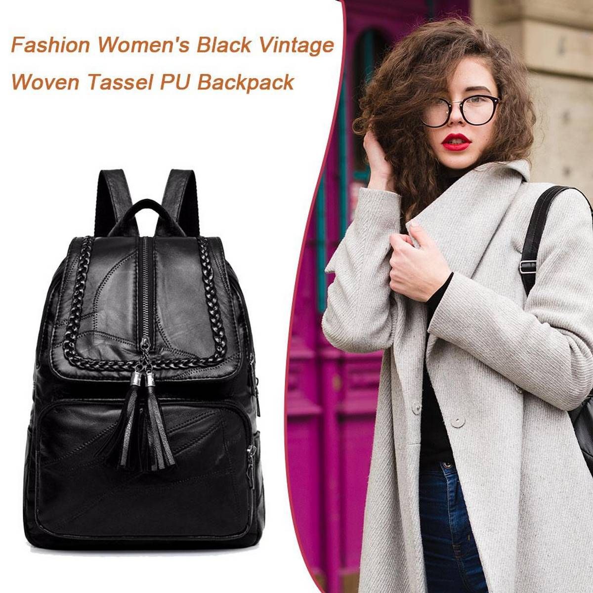 Women Delicate Chic PU Leather Backpack Weave Tassel Travel School Shoulder Book Bags