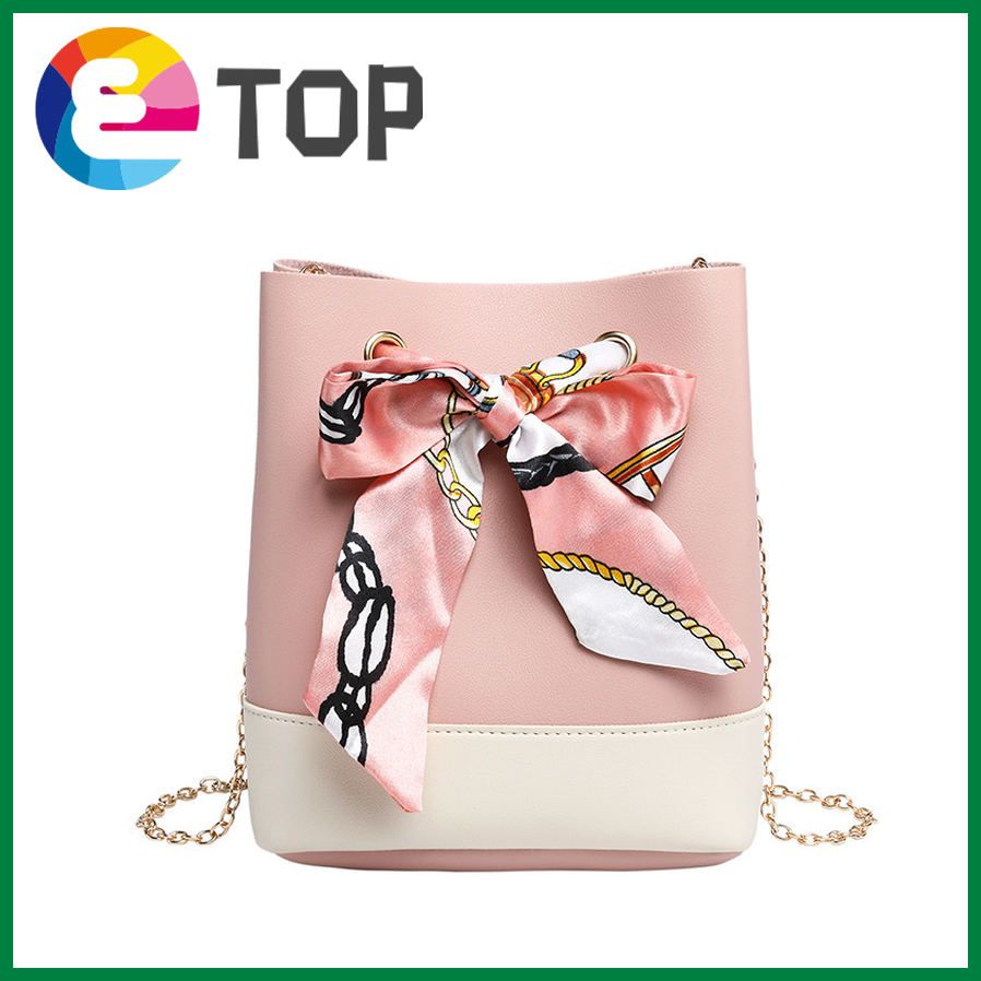 Korean style personalized color matching bucket bag autumn silk scarf bow lady chain messenger bag