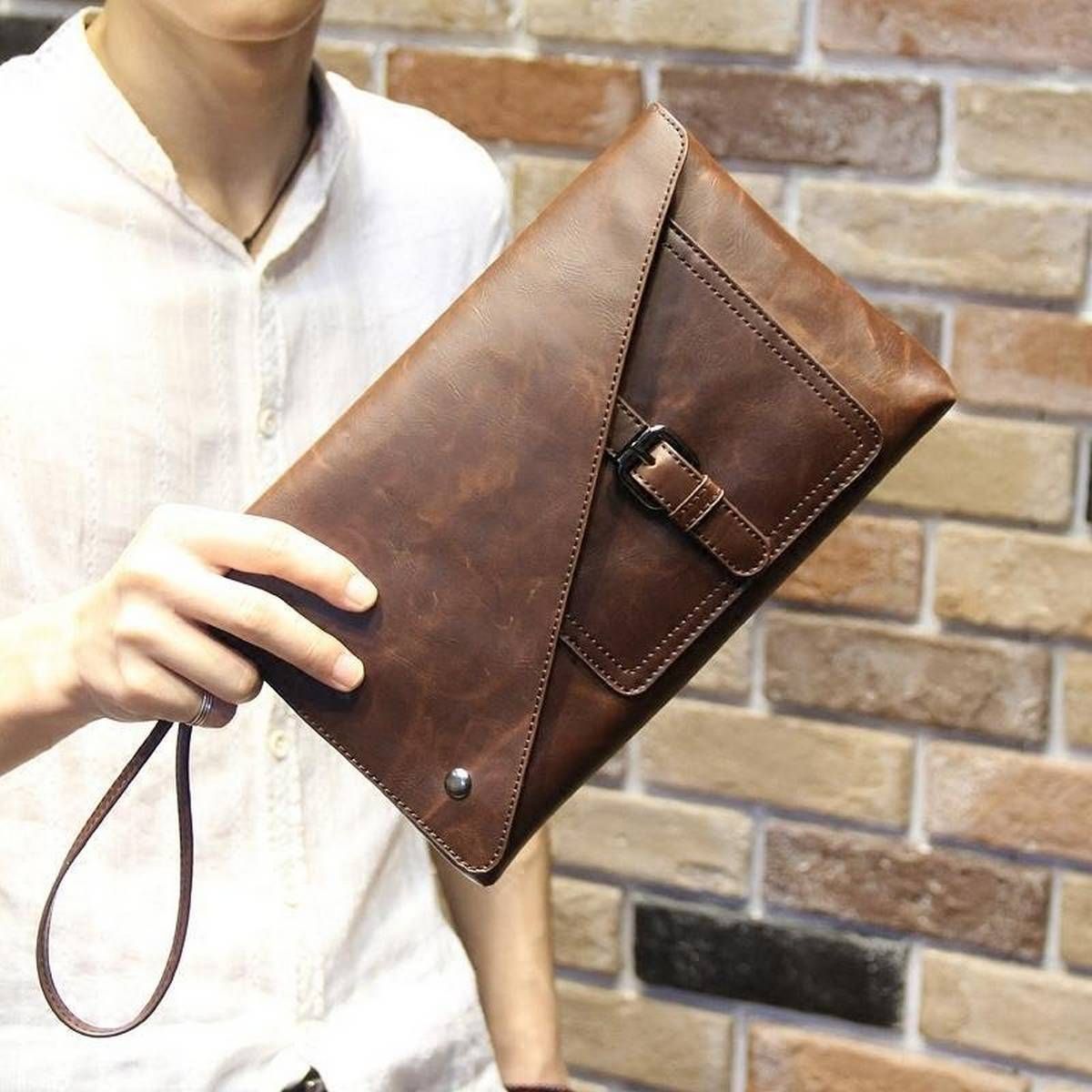 Retro Cowhide Leather Handbag for Men Classic Strap Hasp Design Envelope Bag Leisure Clutch Business Phone Bag Street Fahsion Wallet(Coffee) - intl