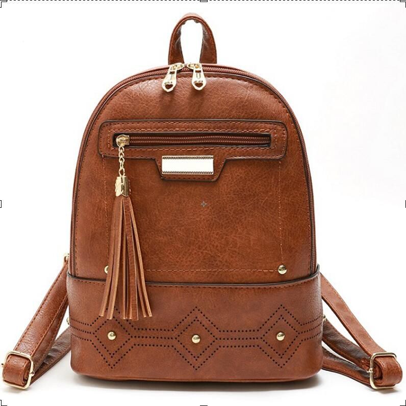Women Casual Solid Backpack School Bags For Teenage Girls Vintage Shoulder Bag PU Leather Knapsack tassel and rivet Rucksack