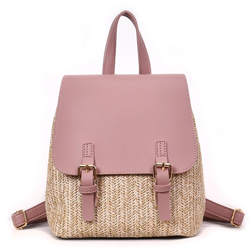 Straw Beach bag 2018 Summer New Women Backpack Bag Quality PU Leather Stitching Straw Shoulder bags Sweet Lady Travel Rucksack