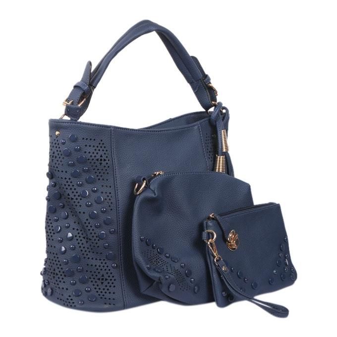 Navy Blue Artificial Leather Shoulder Bag For Women