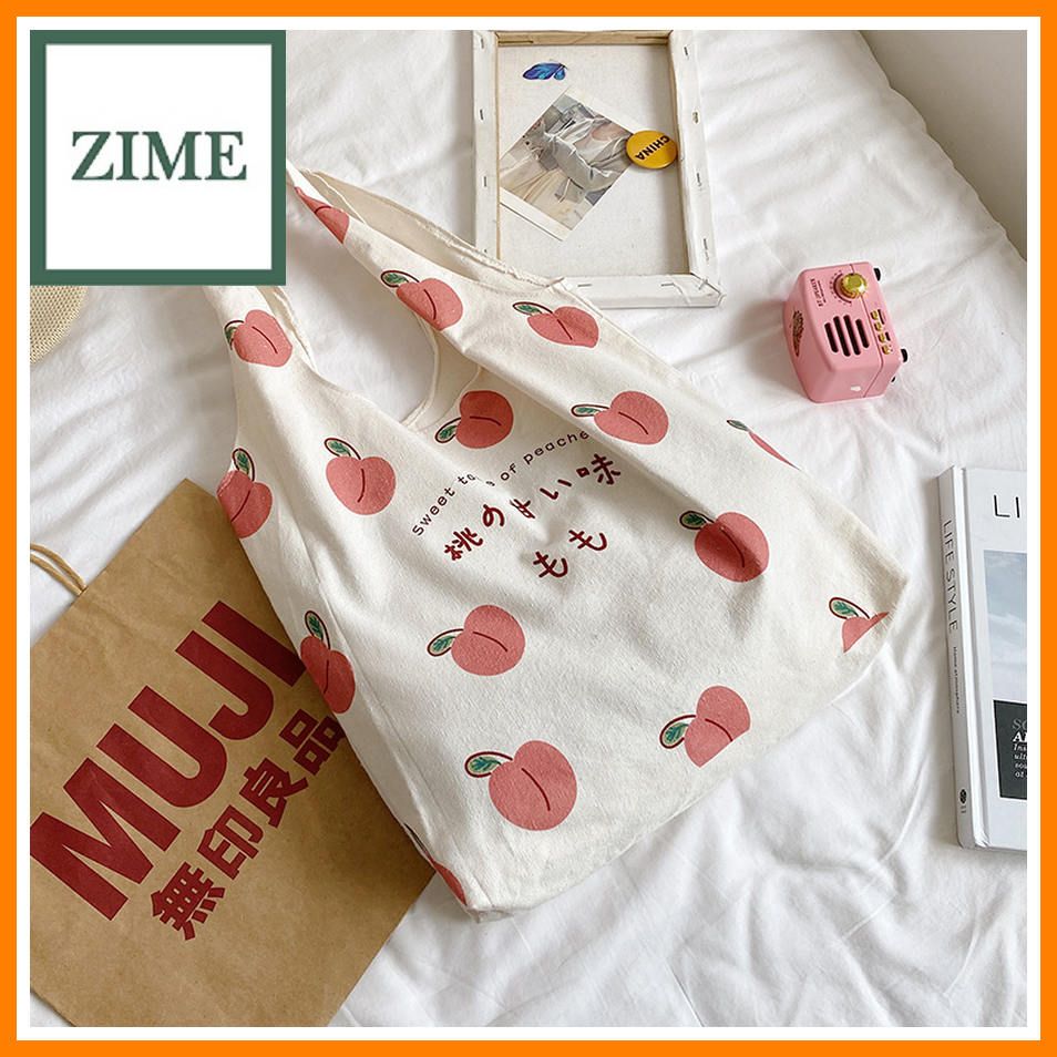 Canvas bag women's small fresh peach print shoulder bag Japanese cute college student portable shopping bag