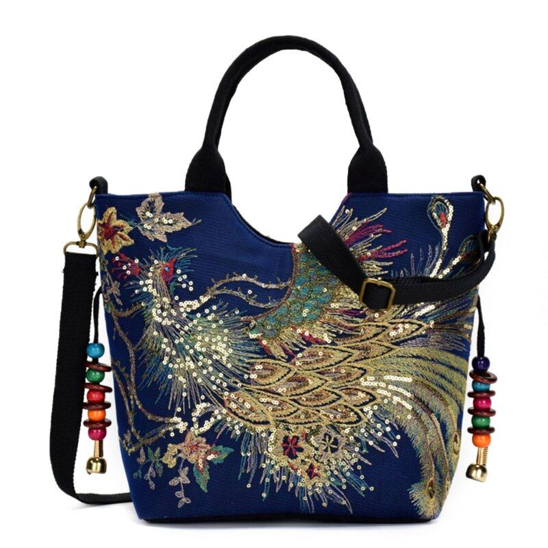 Women Peacock Embroidery Ethnic Handbag Crossbody Purse Ladies Tote Shoulder Bag