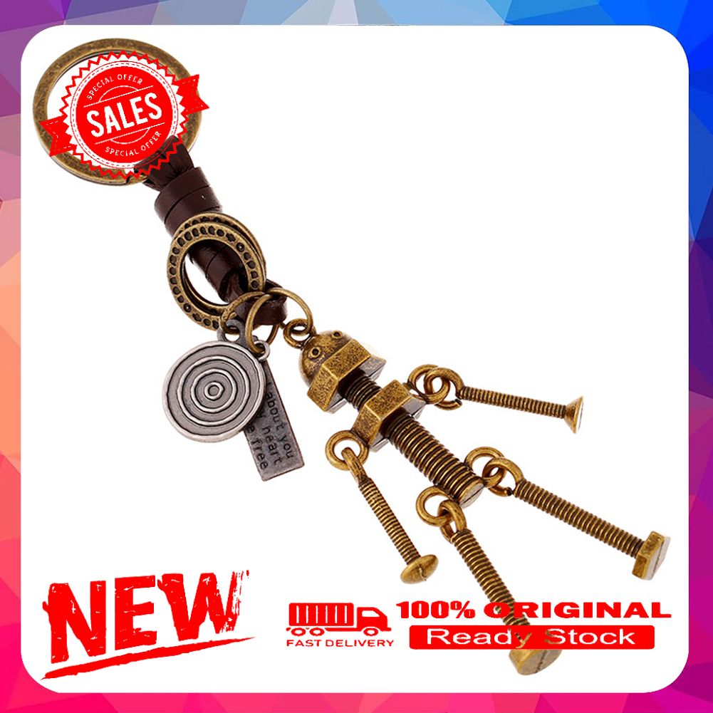 Men Punk Keychain Bike Robot Pendant Cow Leather Retro Key Ring Bag Charm