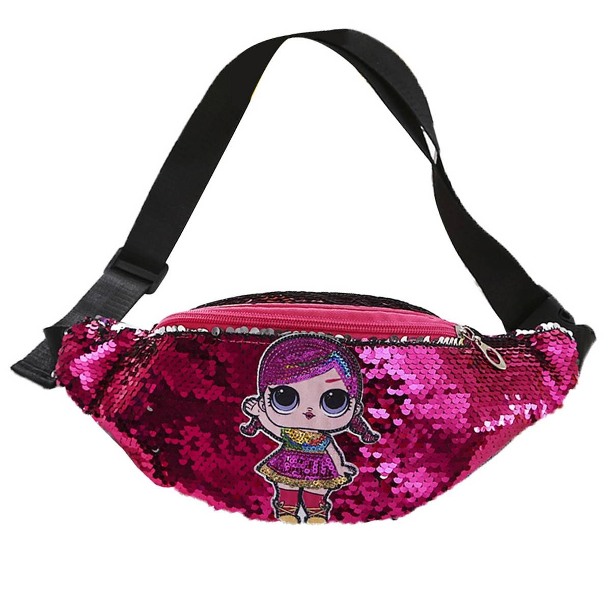 Children Girl Doll Pattern Sequins Crossbody Shoulder Chest Waist Bag Fanny Pack