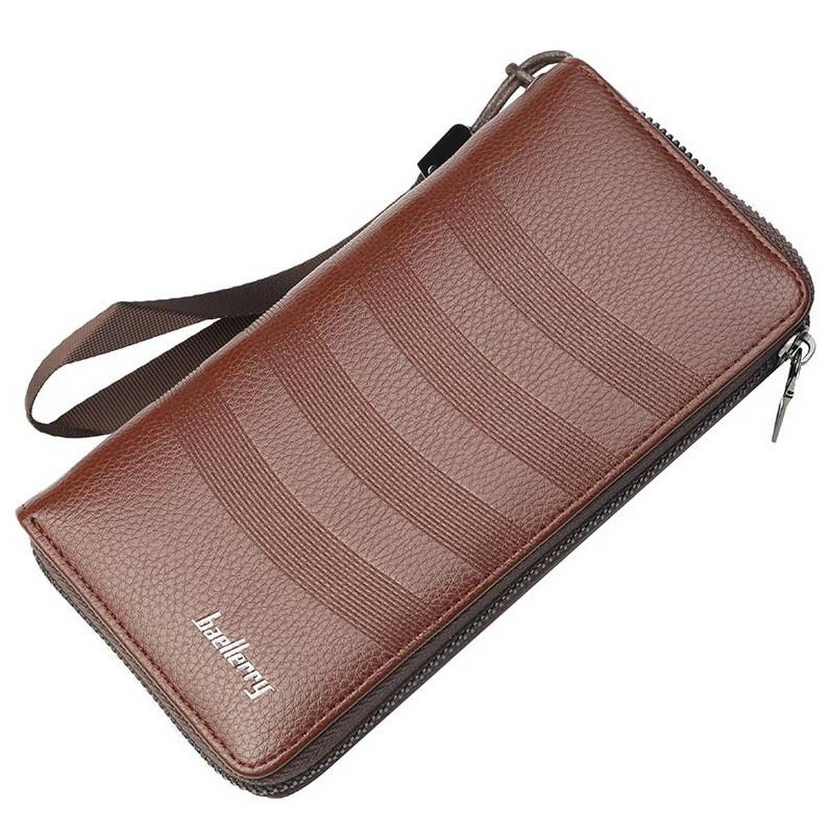 Baellerry New Style Men's PU Leather Long Section Stripe Zipper Wallets With Handle Strap