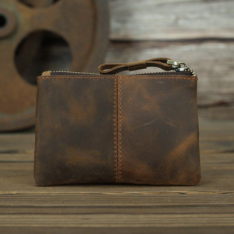 SIMLINE   Leather Coin Purse For Men Male Cowhide Vintage Short Zipper Small Mini Slim Wallet Card Holder Case Pocket