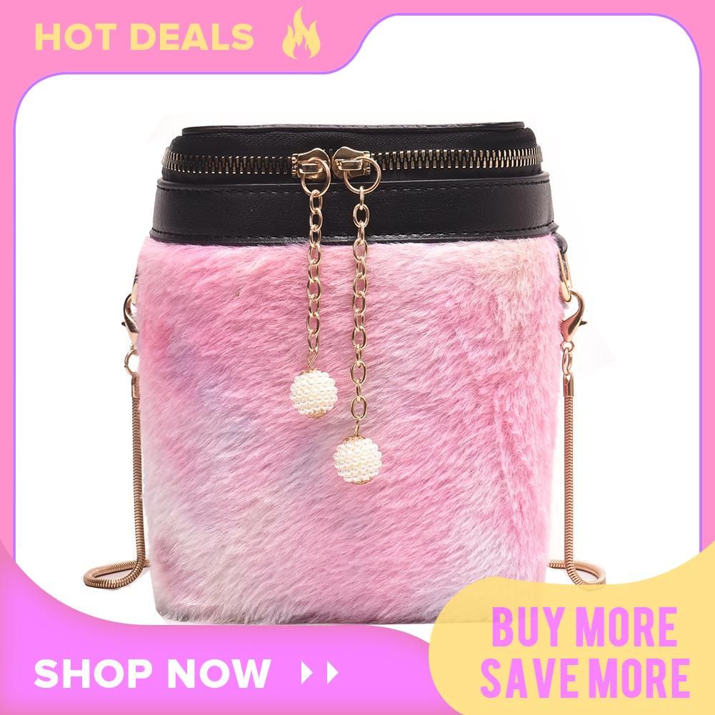 Women Plush Messenger Shoulder Bags Chain Bucket Purse Crossbody Handbag