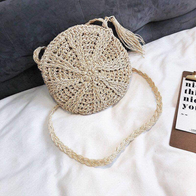 Women Round Straw Handwoven Rattan Beach Hands Knitted Crossbody Tote /BY Ladies handbag