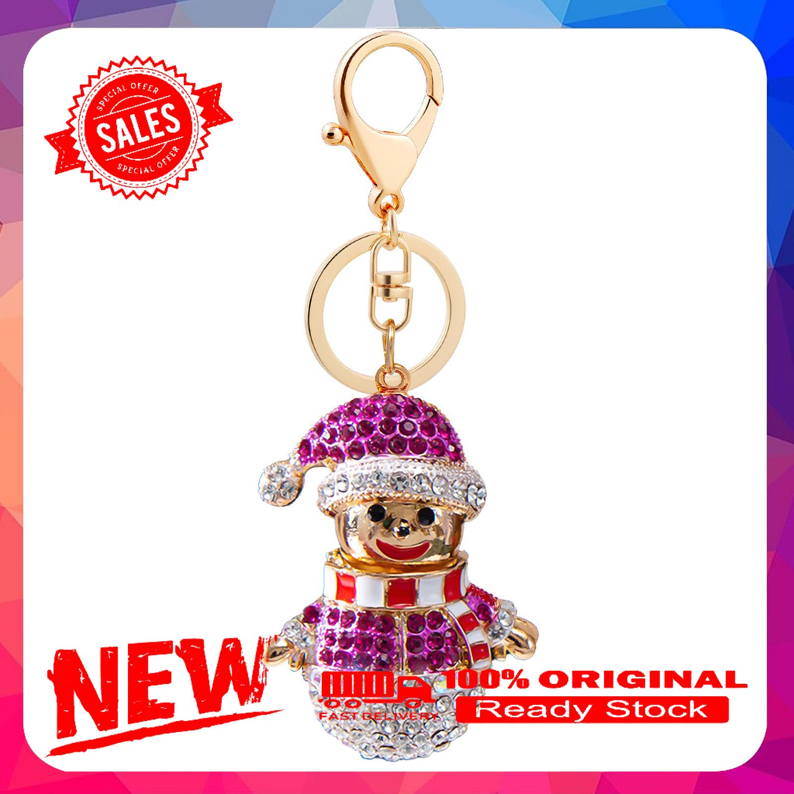 Christmas Snowman Rhinestone Shiny Key Ring Holder Bag Purse Pendant Keychain
