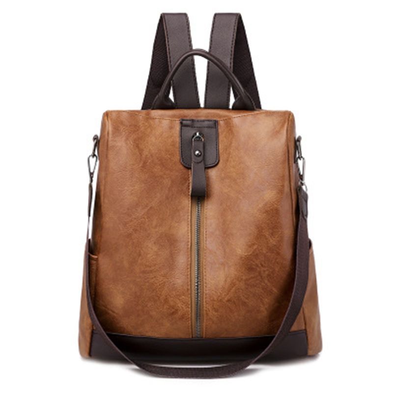 PU Backpack Leisure Multifunctional Outdoor Travel Soft Leather Small Backpack Waterproof Brown