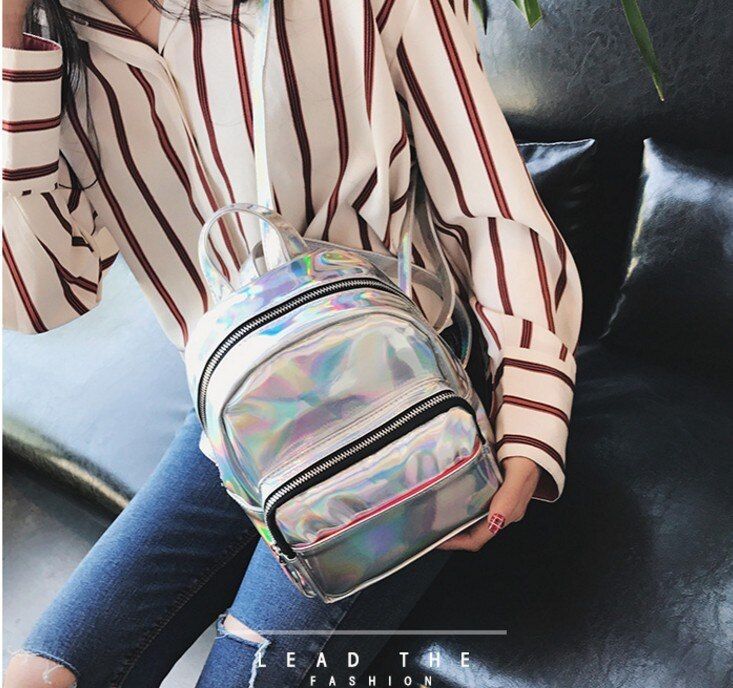 HLDAFA 2019 Women Small Hologram Backpack Laser Holographic Bag Feminino Silver Mini School Bag for Girl Leather Daypack Mochila